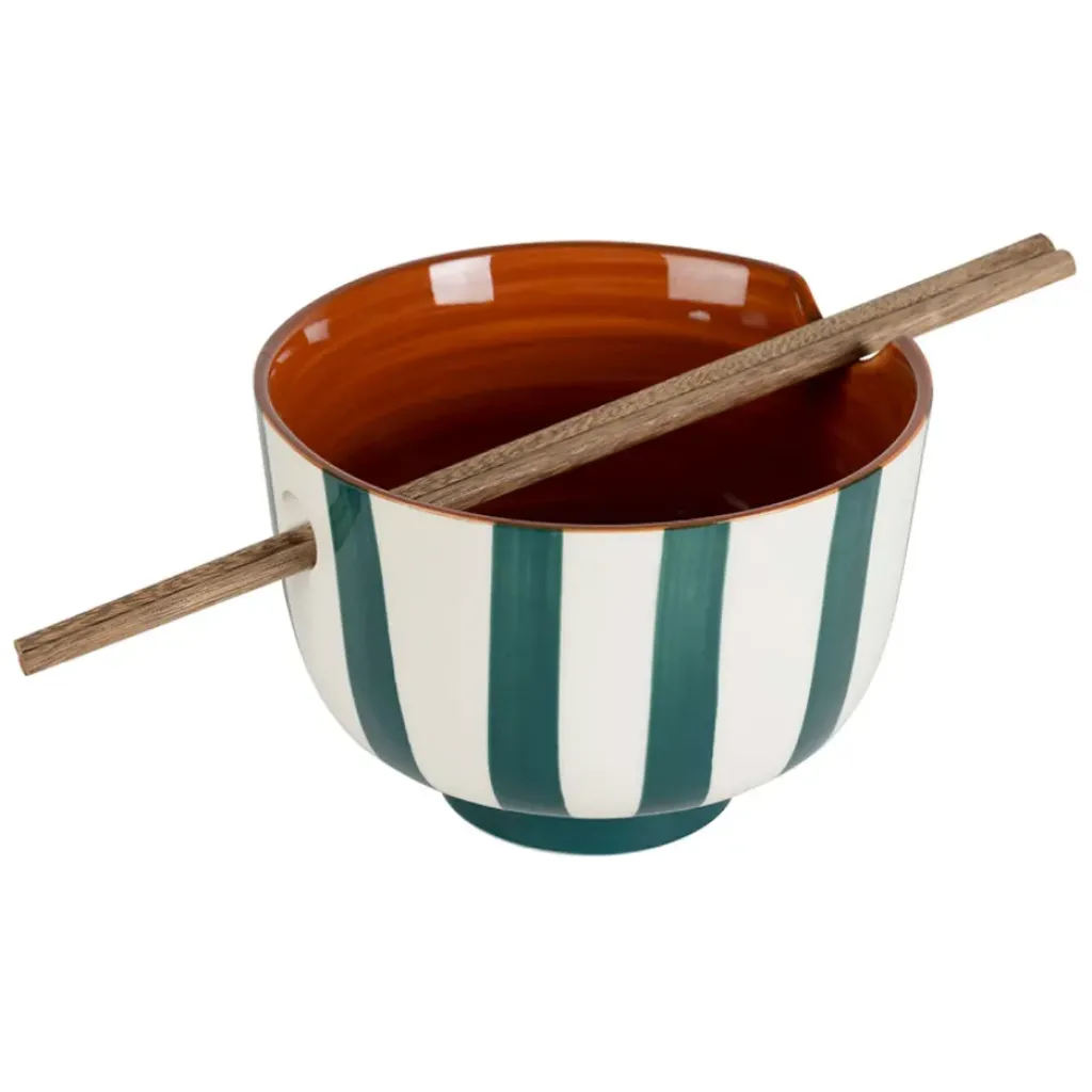 Fabrique de Styles Bol en grès rayé émeraude et blanc avec baguettes d14cm - Alaria* Bols Et Coupelles