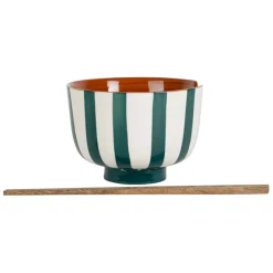 Fabrique de Styles Bol en grès rayé émeraude et blanc avec baguettes d14cm - Alaria* Bols Et Coupelles