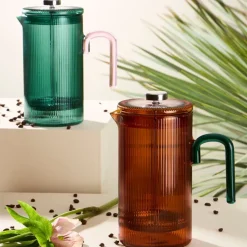 Fabrique de Styles Cafetière à piston striée en verre borosilicate émeraude et rose 1L* Théières Et Cafetières