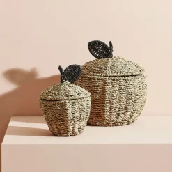 Fabrique de Styles Corbeilles pomme avec couvercle x2 en jonc de mer+fer - Sweet Dream* Paniers Et Corbeilles