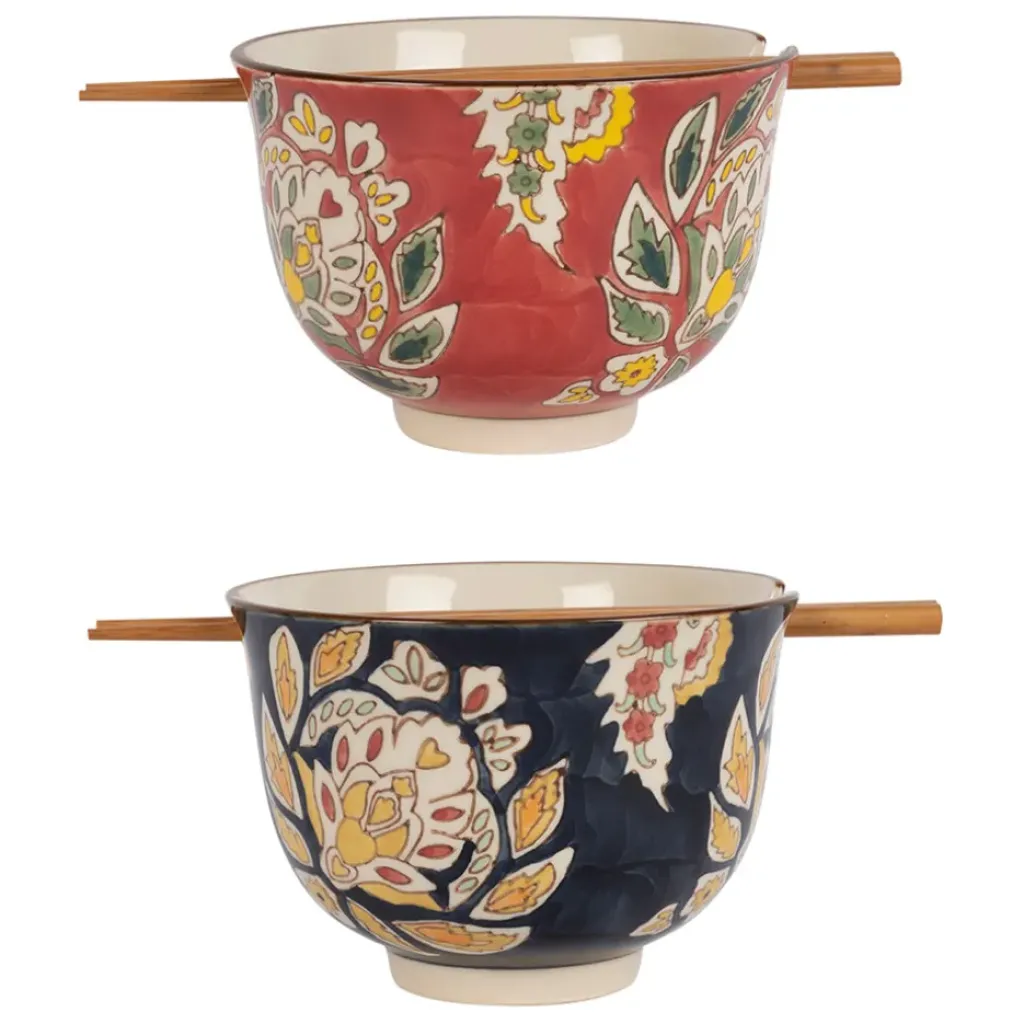 Fabrique de Styles Lot de 2 bols et baguettes en grès et bambou d13xh9.5cm - Orchila* Bols Et Coupelles