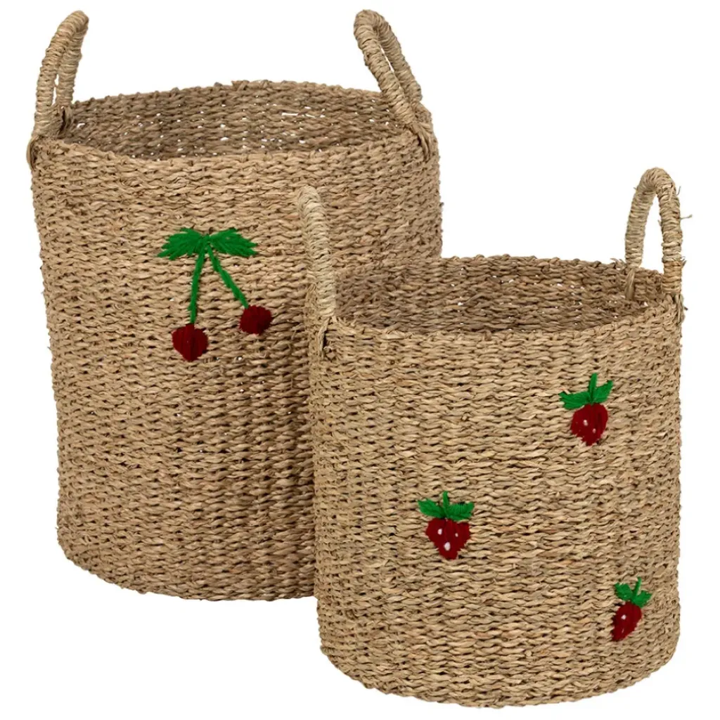 Fabrique de Styles Lot de 2 paniers en jonc de mer naturel et cerise rouge - Les Fruits* Paniers Et Corbeilles