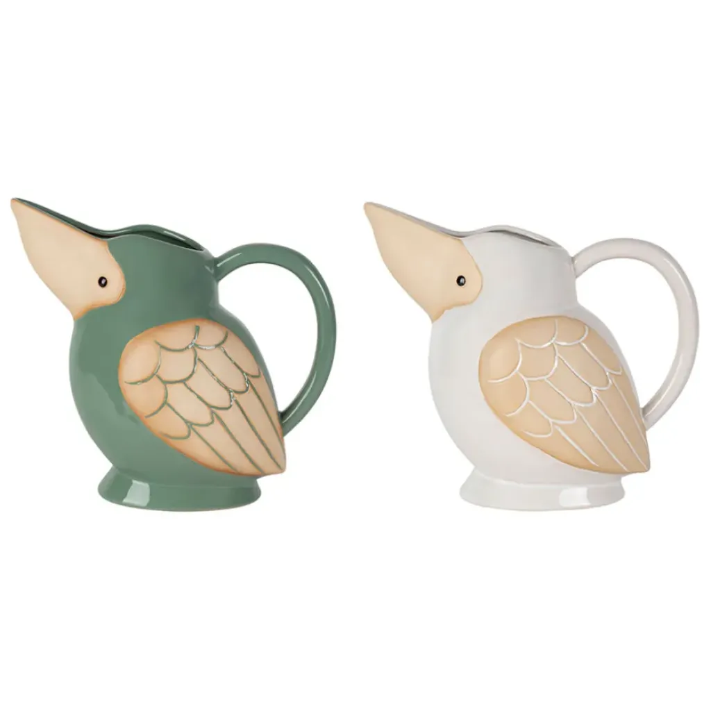 Fabrique de Styles Lot de 2 pichets oiseau en grès blanc et sauge 1L - Calao* Carafes Et Pichets