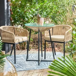 Fabrique de Styles Table bar extérieur rond en fer et verre beige et noir d61cm - Baleares*Enfant Tables De Jardin|Jardin