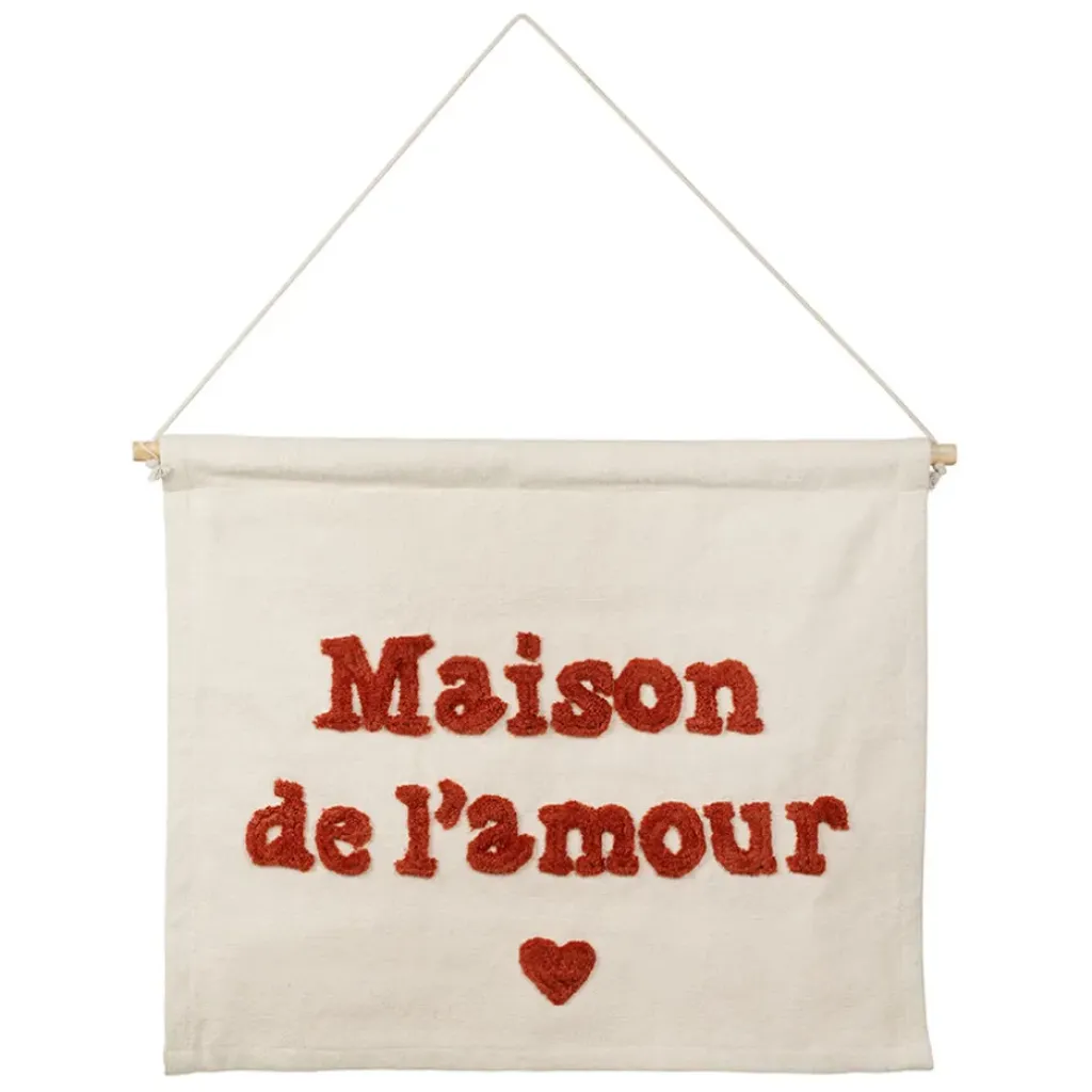 Fabrique de Styles Toile maison amour en coton écru et rouge 66x50cm - Famille* Tableaux Et Toiles